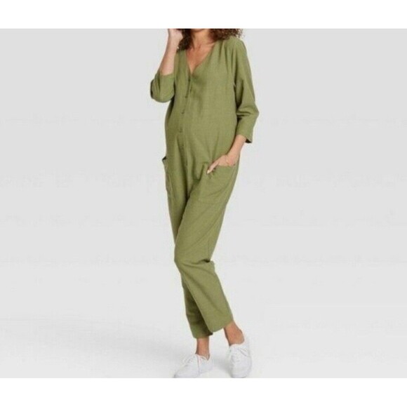 The Nines HATCH Green Maternity Jumpsuit 3/4 Sleeve Button-Front OLIVE XXL Women - Picture 1 of 15